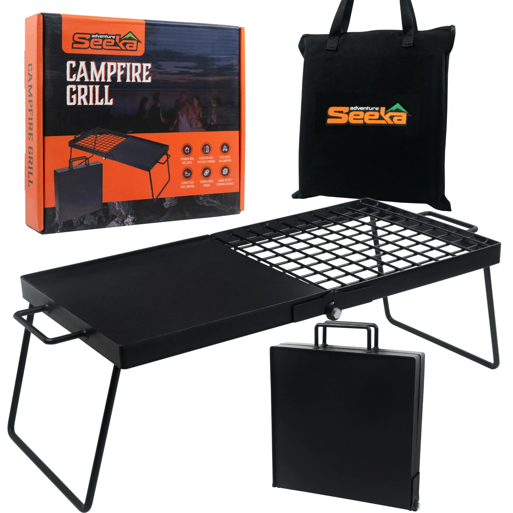 Adv Seeka Heavy Duty 24" Folding Campfire Grill, Camp Fire Grill With Folding Grill Design For Compact Storage. Campfire Grill Grate And Griddle For Versatile Campfire Cooking (Standard Grill)