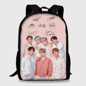 BTS Pastel Pink Backpack With Laptop Partition Digital Printed Designs