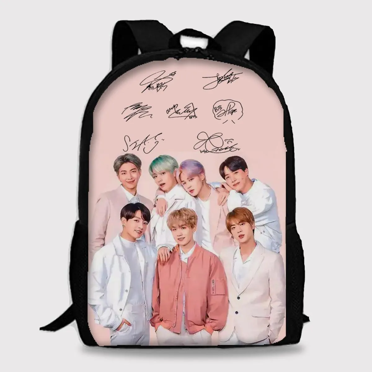 BTS Pastel Pink Backpack With Laptop Partition Digital Printed Designs