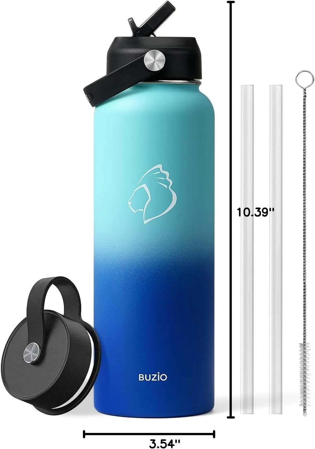 BUZIO Double Wall Stainless Steel Sports Wide Mouth Water Bottle, BPA-Free Flex Cap and Straw Lid, 40 Ounces & 32 Ounces Water Bottle, Sea Breeze