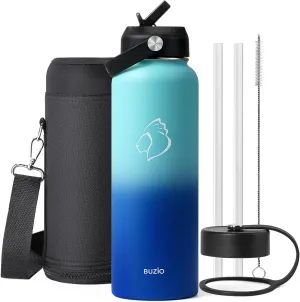 BUZIO Double Wall Stainless Steel Sports Wide Mouth Water Bottle, BPA-Free Flex Cap and Straw Lid, 40 Ounces & 32 Ounces Water Bottle, Sea Breeze