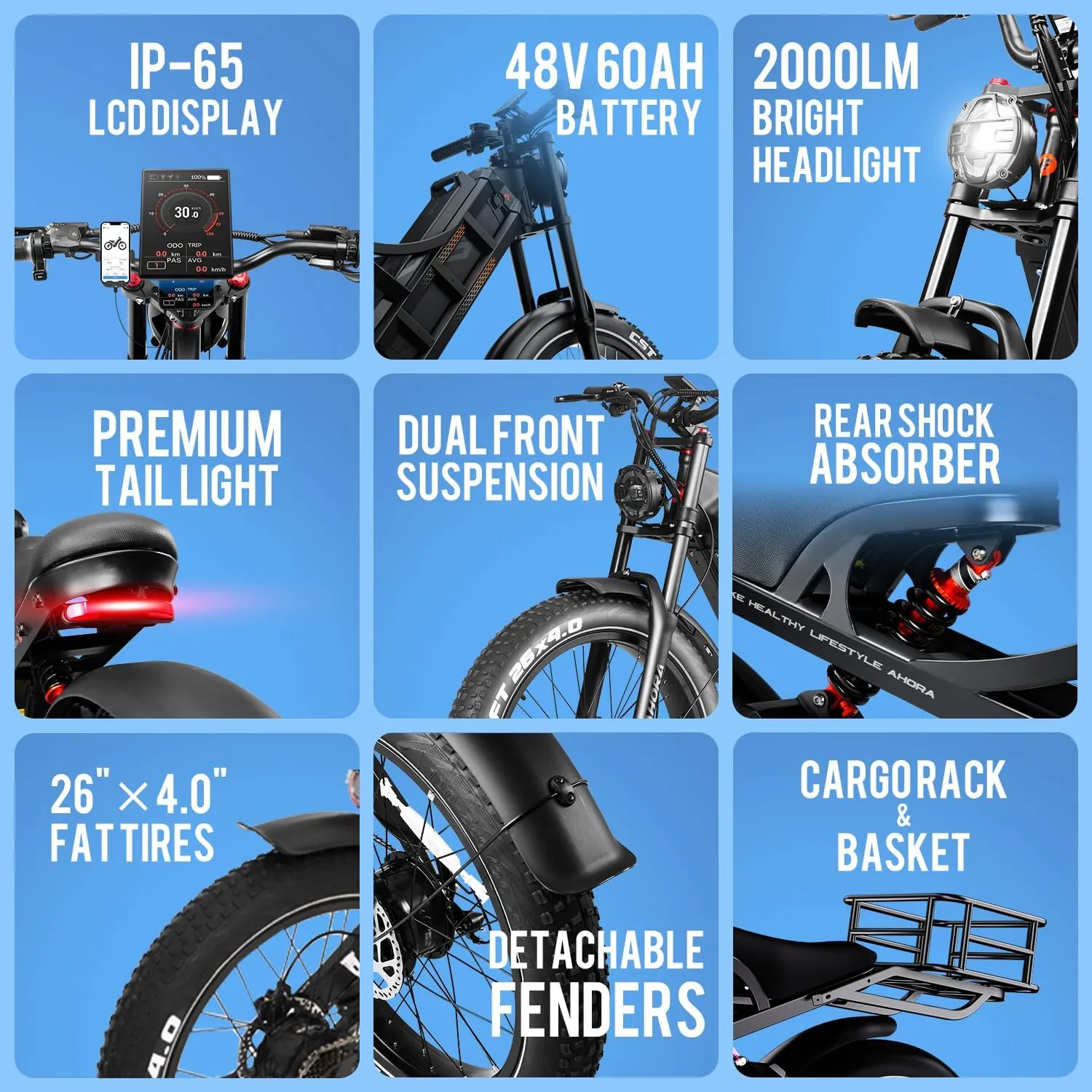 eAhora Romeo Pro (2025 Upgraded) Peak 1600W 34MPH Electric Bike for Adults, 48V 60AH 200  Miles Long Range Electric Bike, 26*4.0" Fat Tire Electric Mountain Bike, Full Suspension, Commuting & Delivery