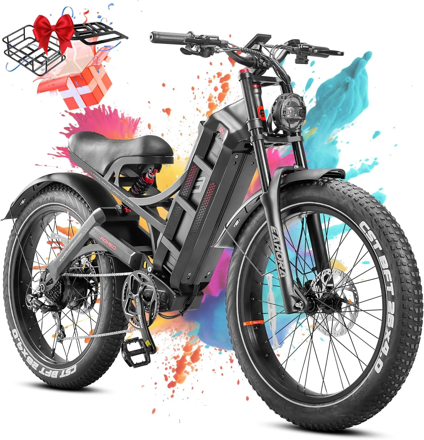 eAhora Romeo Pro (2025 Upgraded) Peak 1600W 34MPH Electric Bike for Adults, 48V 60AH 200  Miles Long Range Electric Bike, 26*4.0" Fat Tire Electric Mountain Bike, Full Suspension, Commuting & Delivery