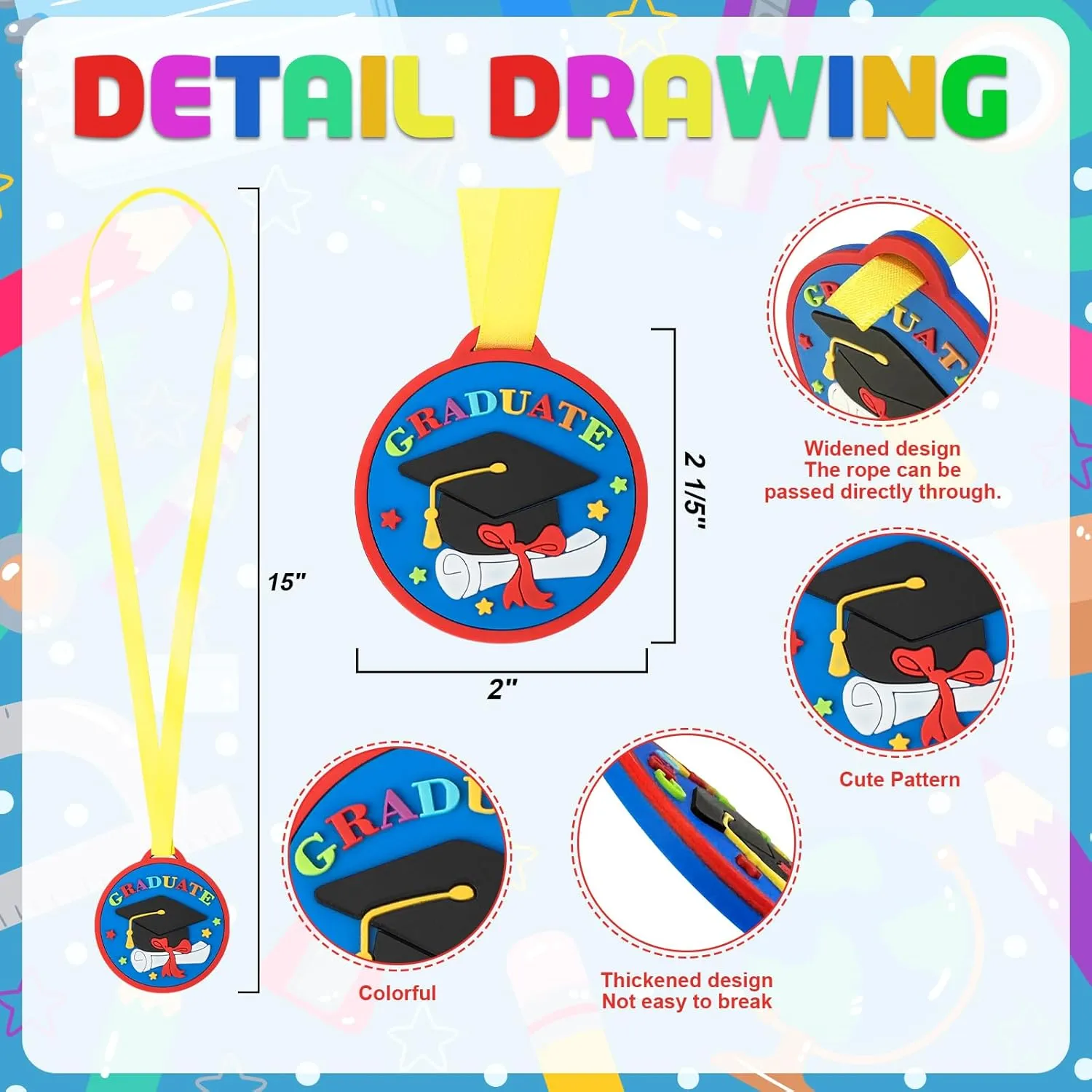 Graduation Medals for Kids, 2 Inch Silicone Award Medals Bulk with Lightweight Neck Ribbon, Cute Kindergarten Preschool Graduation Gifts, Grad Medal Party Favor Supplies