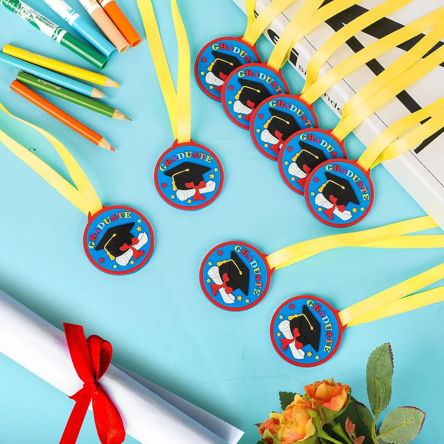 Graduation Medals for Kids, 2 Inch Silicone Award Medals Bulk with Lightweight Neck Ribbon, Cute Kindergarten Preschool Graduation Gifts, Grad Medal Party Favor Supplies