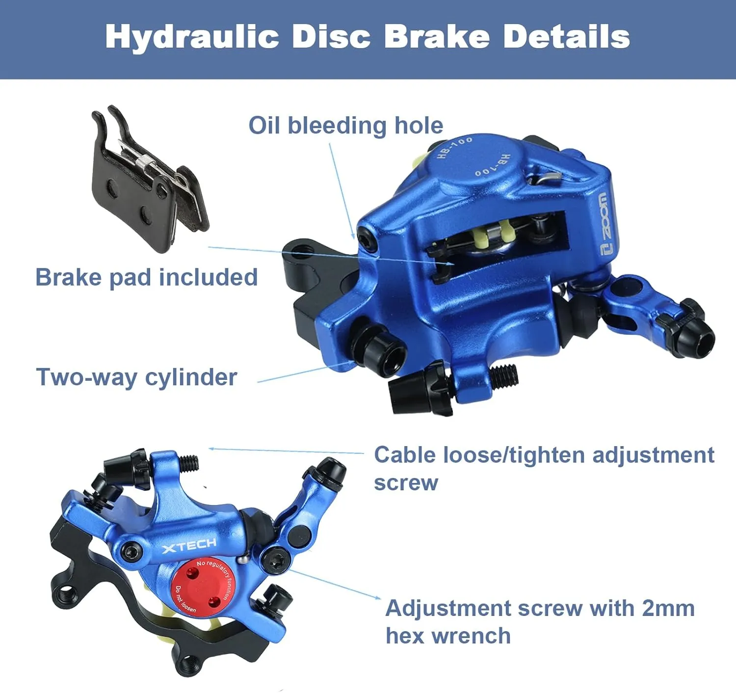 HB-100 Line Pulling Hydraulic Disc Brake CalipersMechanical Disc Brakes for MTB, Mountain Bike, E-bike and Electric Bike 2PCS Front/Rear Black/Red/Gold (Blue)