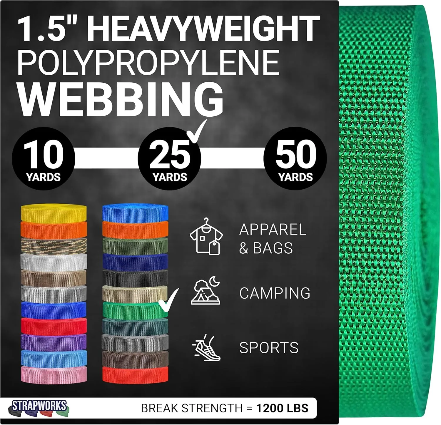 Heavyweight Polypropylene Webbing - Heavy Duty Poly Strapping for Outdoor DIY Gear Repair, 1.5 Inches