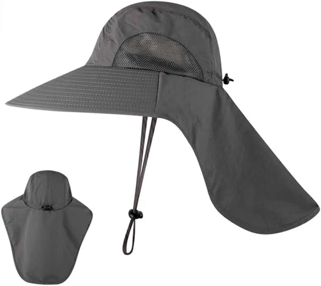 Outdoor Uv Sun Hat with Neck Cover Earflaps Lightweight Wide Brim Fishing Cap for Hiking Climbing and Sailing Dark Grey