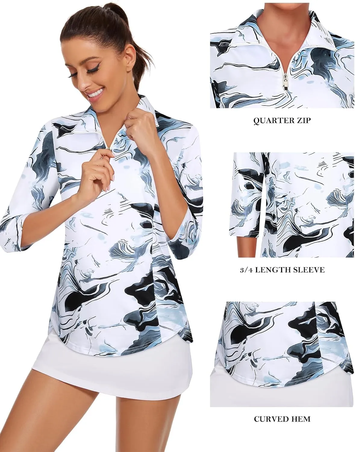 Tanst Sky Womens Golf Polo Shirts Zipper 3/4 Sleeve Moisture Wicking Tops UPF 50 Workout Tennis Apparel