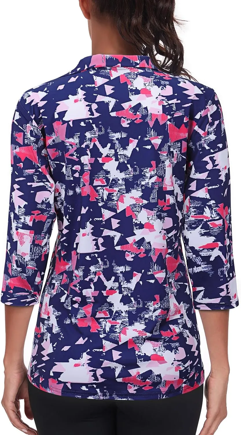 Tanst Sky Womens Golf Polo Shirts Zipper 3/4 Sleeve Moisture Wicking Tops UPF 50 Workout Tennis Apparel