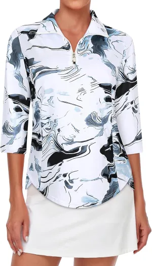 Tanst Sky Womens Golf Polo Shirts Zipper 3/4 Sleeve Moisture Wicking Tops UPF 50  Workout Tennis Apparel