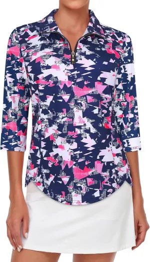 Tanst Sky Womens Golf Polo Shirts Zipper 3/4 Sleeve Moisture Wicking Tops UPF 50  Workout Tennis Apparel