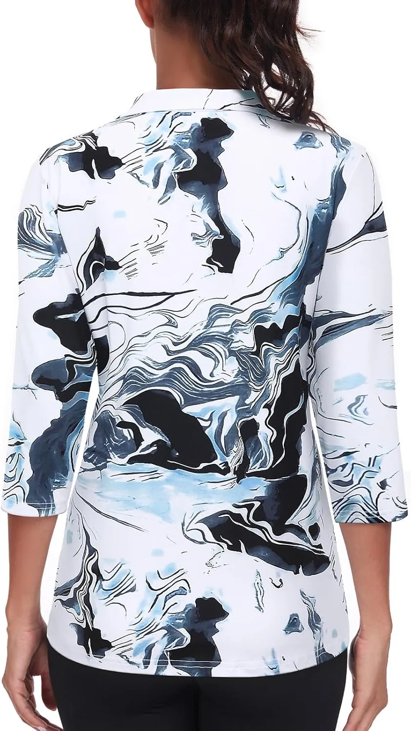 Tanst Sky Womens Golf Polo Shirts Zipper 3/4 Sleeve Moisture Wicking Tops UPF 50 Workout Tennis Apparel