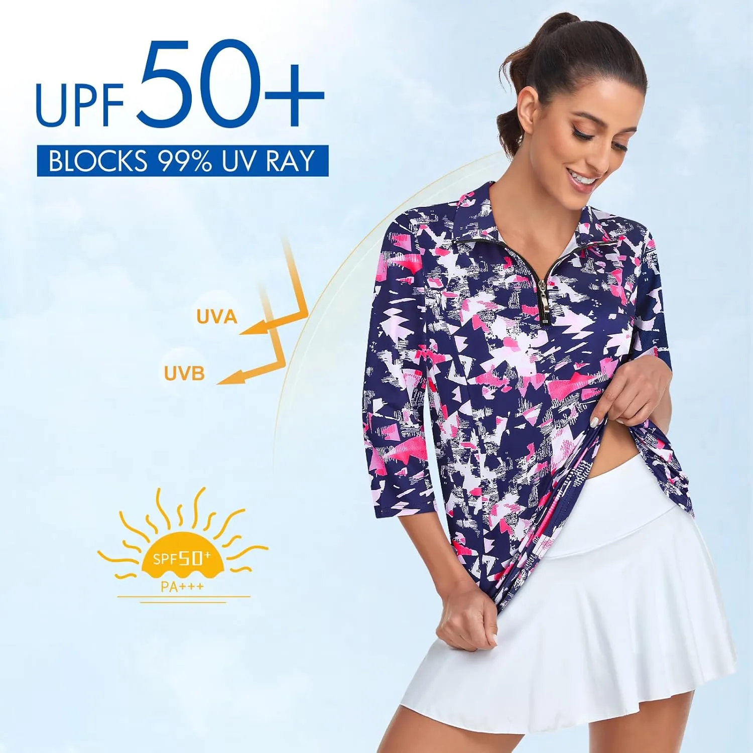 Tanst Sky Womens Golf Polo Shirts Zipper 3/4 Sleeve Moisture Wicking Tops UPF 50 Workout Tennis Apparel