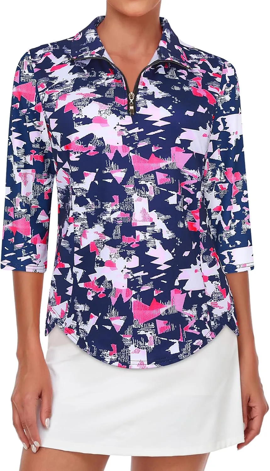 Tanst Sky Womens Golf Polo Shirts Zipper 3/4 Sleeve Moisture Wicking Tops UPF 50 Workout Tennis Apparel