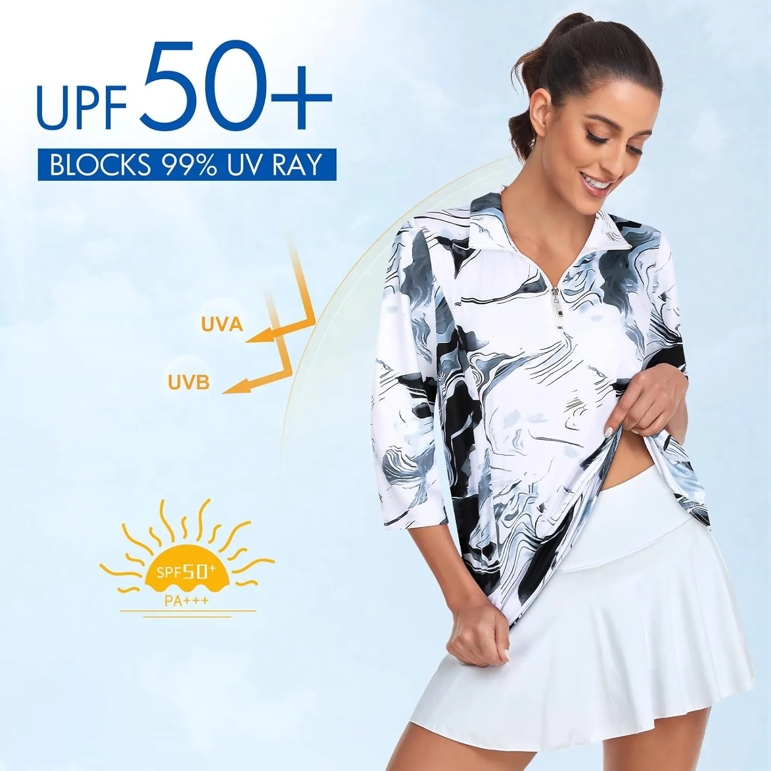 Tanst Sky Womens Golf Polo Shirts Zipper 3/4 Sleeve Moisture Wicking Tops UPF 50 Workout Tennis Apparel