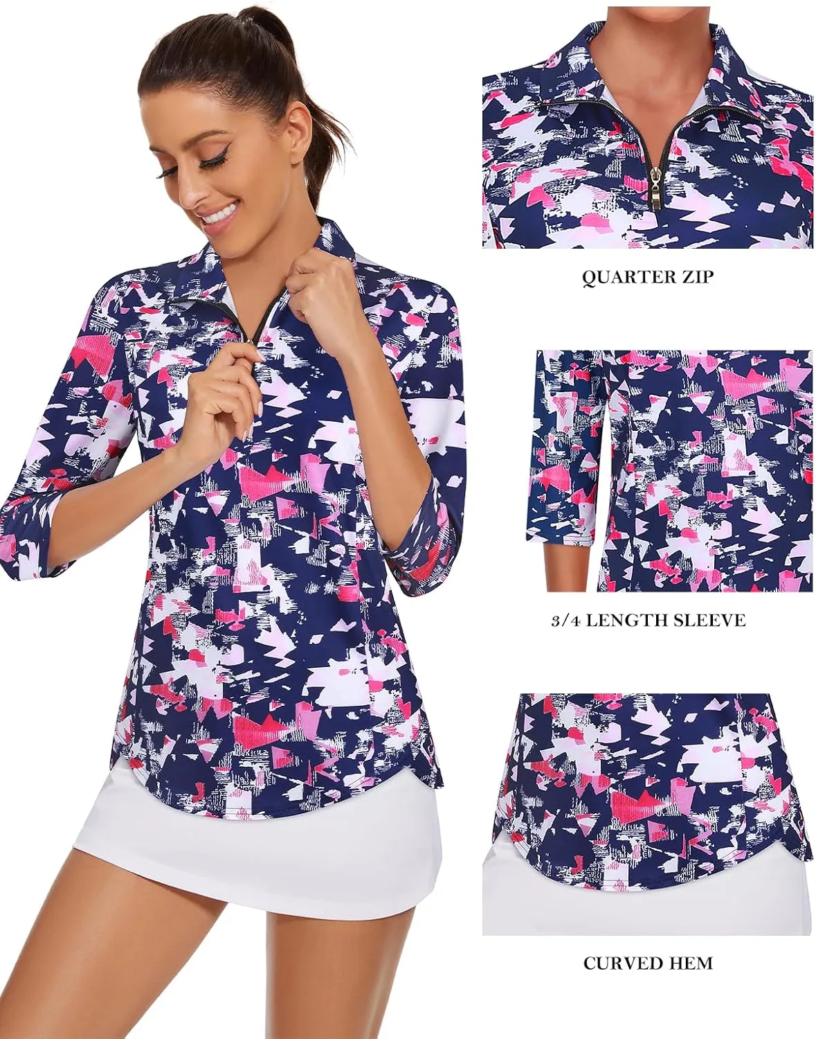 Tanst Sky Womens Golf Polo Shirts Zipper 3/4 Sleeve Moisture Wicking Tops UPF 50 Workout Tennis Apparel