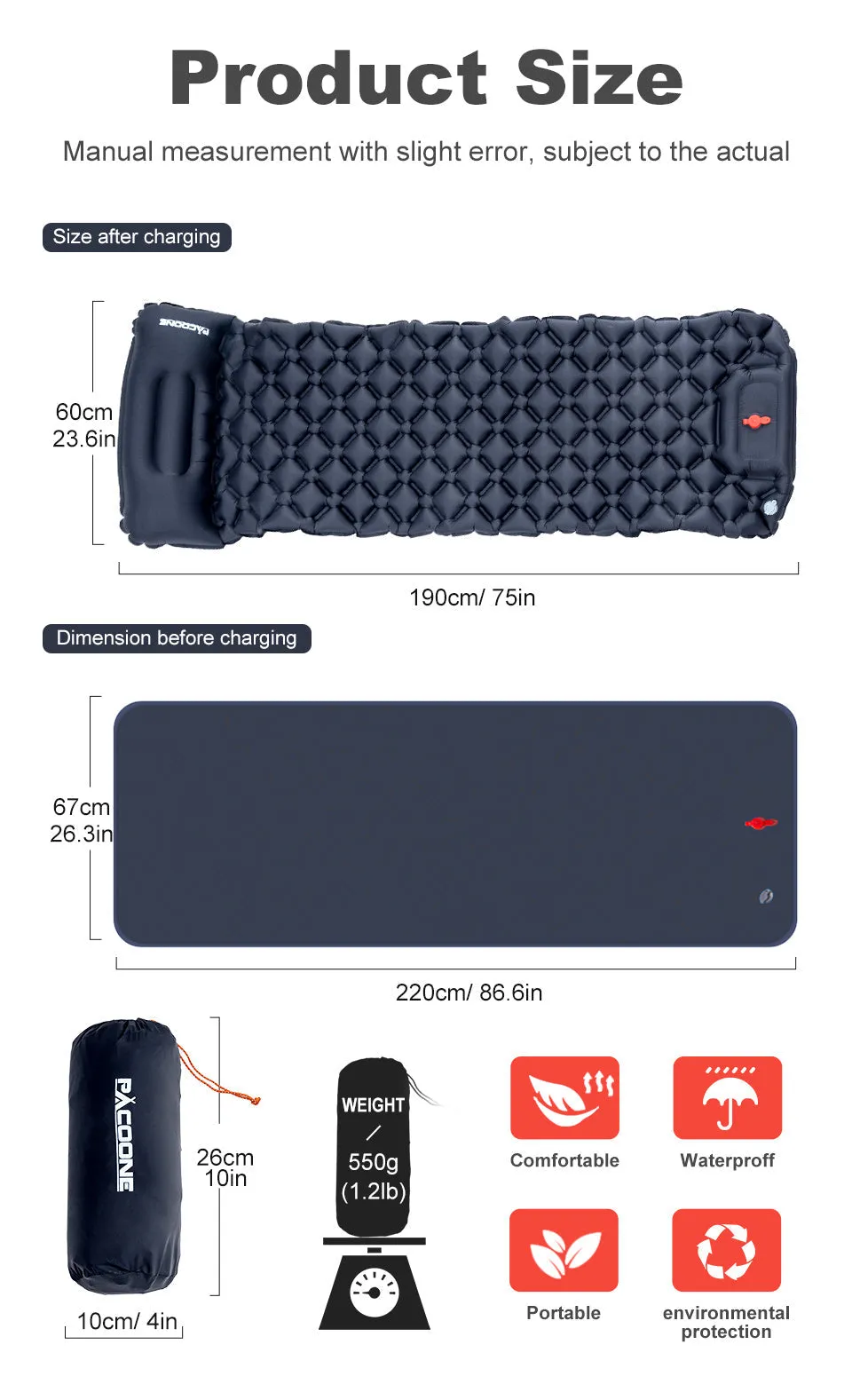 Ultralight Inflatable Camping Sleeping Pad with Pillows and Built-in Pump for Travel and Hiking