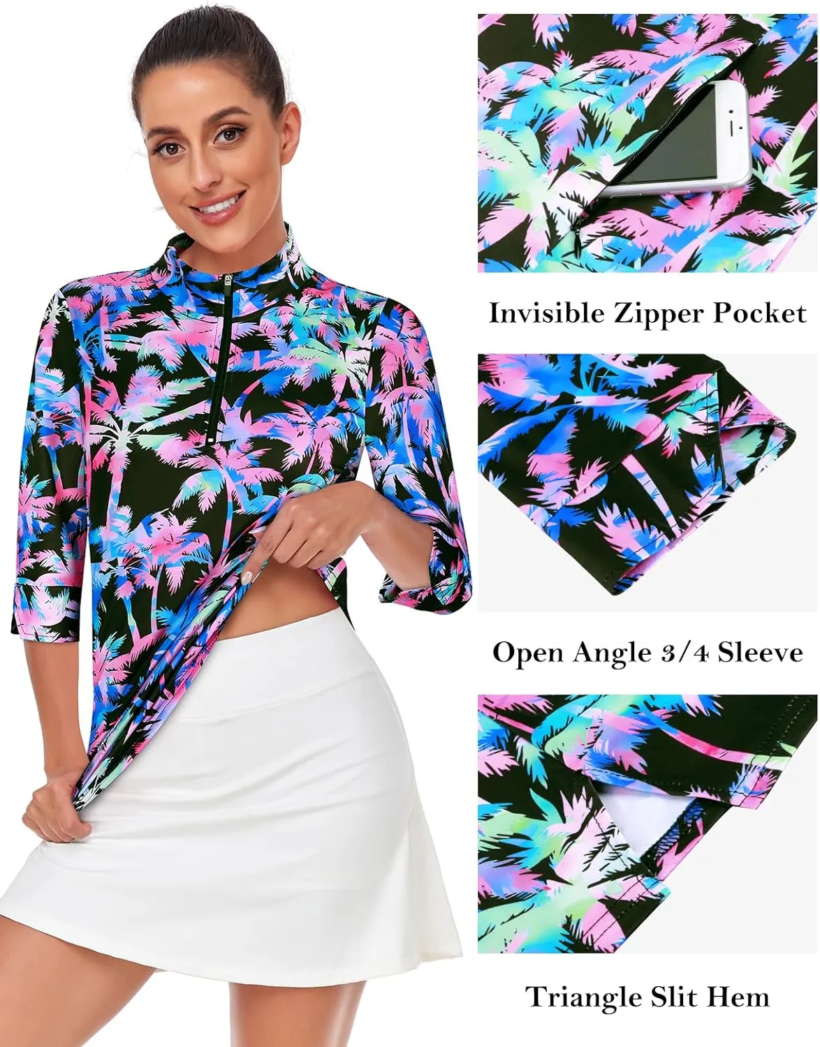 Viracy Women's Golf Shirts 3/4 Sleeve Sun Protection Quarter Zip with Zipper Pockets Athletic Polo Workout Tops S-2XL