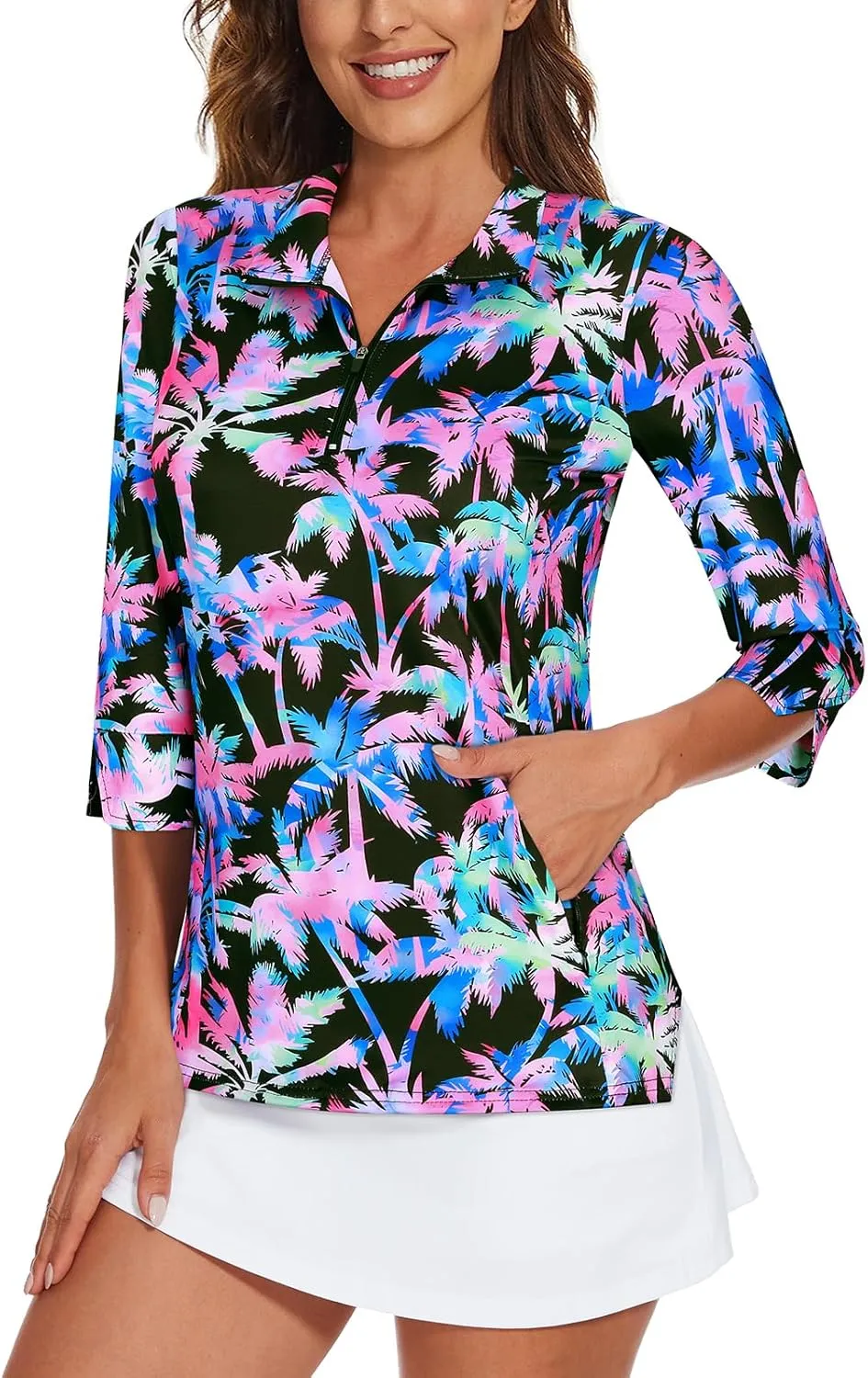 Viracy Women's Golf Shirts 3/4 Sleeve Sun Protection Quarter Zip with Zipper Pockets Athletic Polo Workout Tops S-2XL