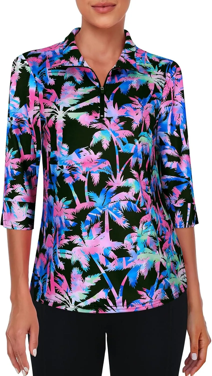 Viracy Women's Golf Shirts 3/4 Sleeve Sun Protection Quarter Zip with Zipper Pockets Athletic Polo Workout Tops S-2XL