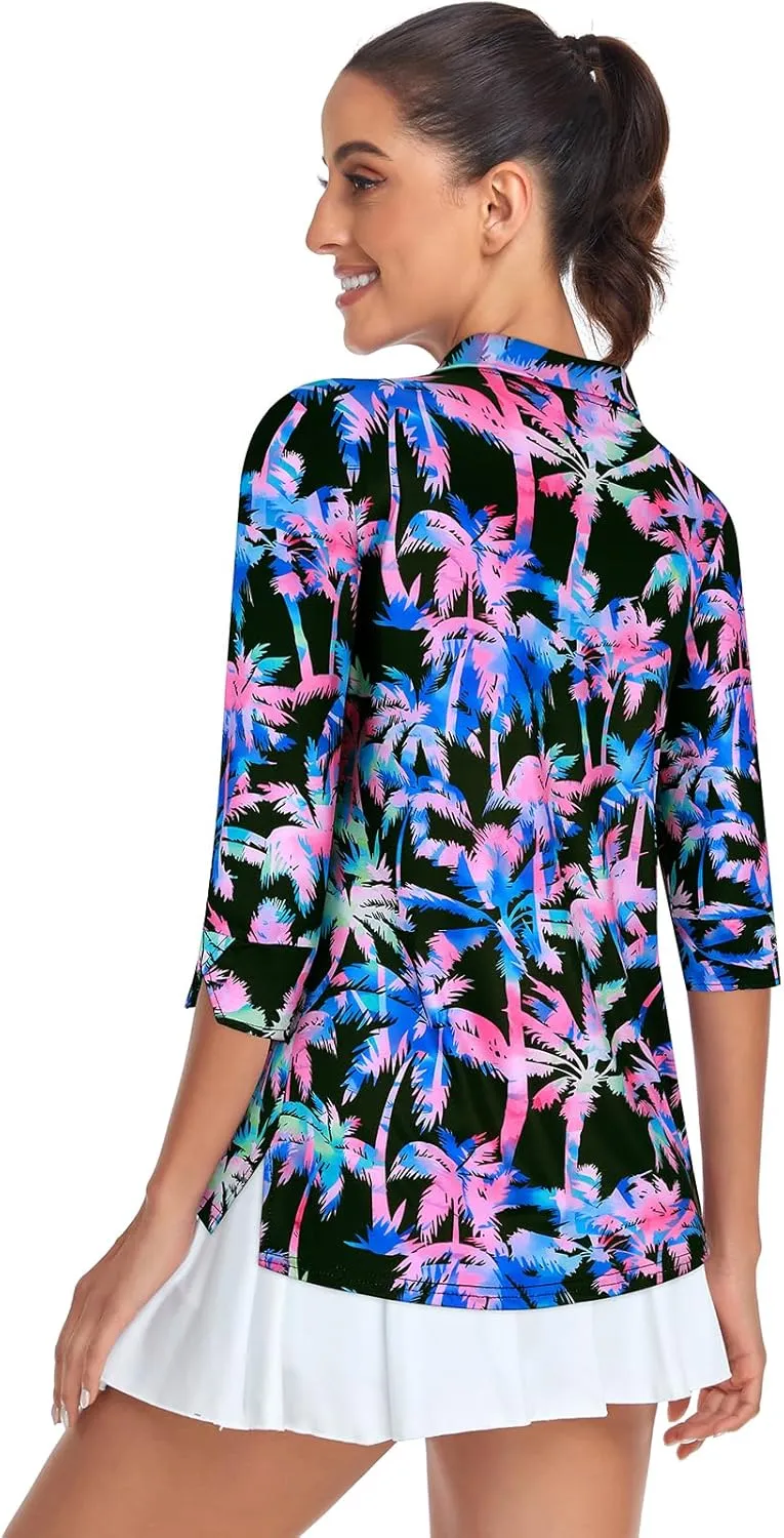 Viracy Women's Golf Shirts 3/4 Sleeve Sun Protection Quarter Zip with Zipper Pockets Athletic Polo Workout Tops S-2XL