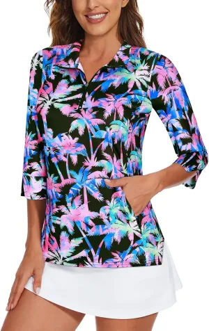 Viracy Women's Golf Shirts 3/4 Sleeve Sun Protection Quarter Zip with Zipper Pockets Athletic Polo Workout Tops S-2XL