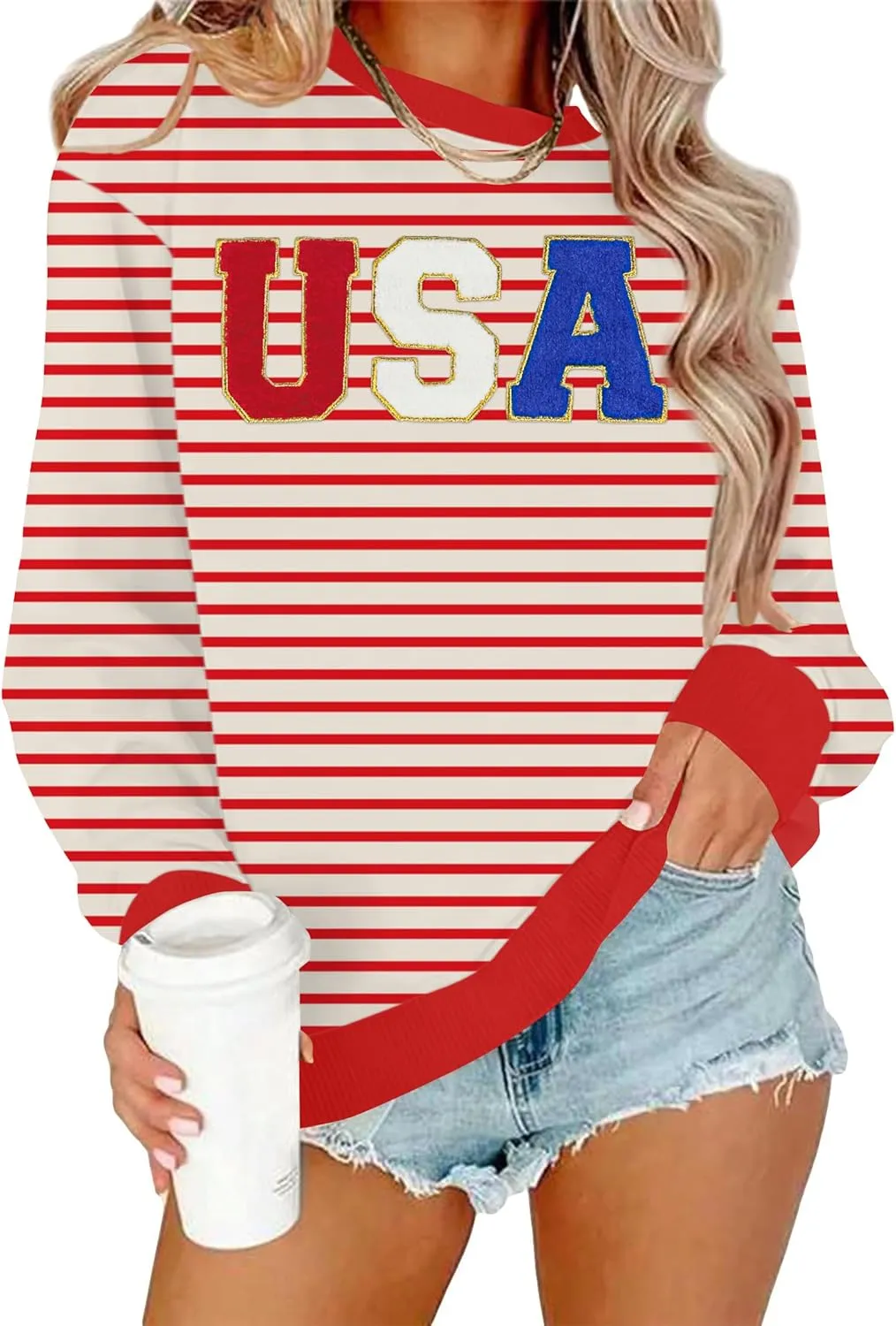 YI XIANG RAN USA Sweatshirt Women: American Shirt 1776 Patriotic TShirt Stars Stripes Glitter Pullover 4th of July Tee Tops