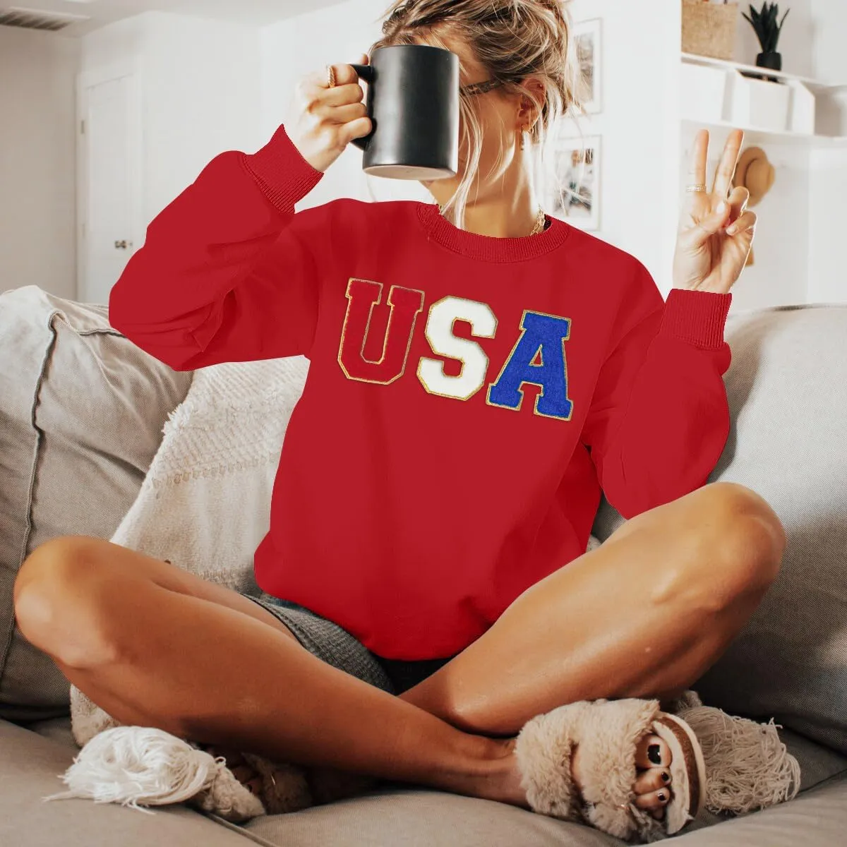YI XIANG RAN USA Sweatshirt Women: American Shirt 1776 Patriotic TShirt Stars Stripes Glitter Pullover 4th of July Tee Tops