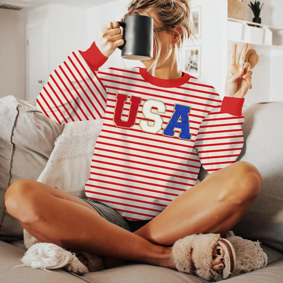 YI XIANG RAN USA Sweatshirt Women: American Shirt 1776 Patriotic TShirt Stars Stripes Glitter Pullover 4th of July Tee Tops