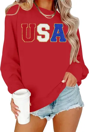 YI XIANG RAN USA Sweatshirt Women: American Shirt 1776 Patriotic TShirt Stars Stripes Glitter Pullover 4th of July Tee Tops