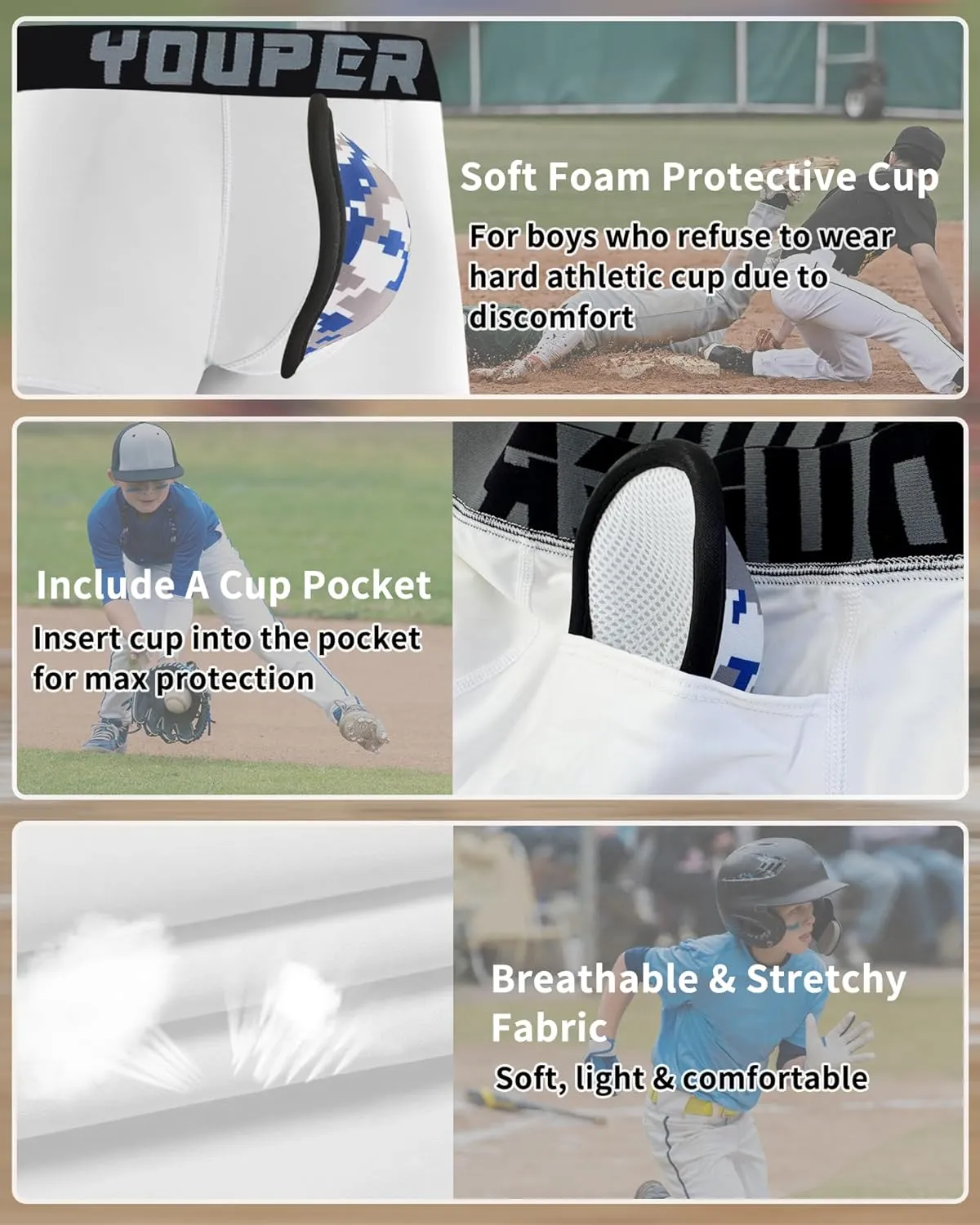 Youper Youth Elite Boxer Briefs w/Soft Athletic Cup, Boys Stretch Boxer Jock for Baseball & Football