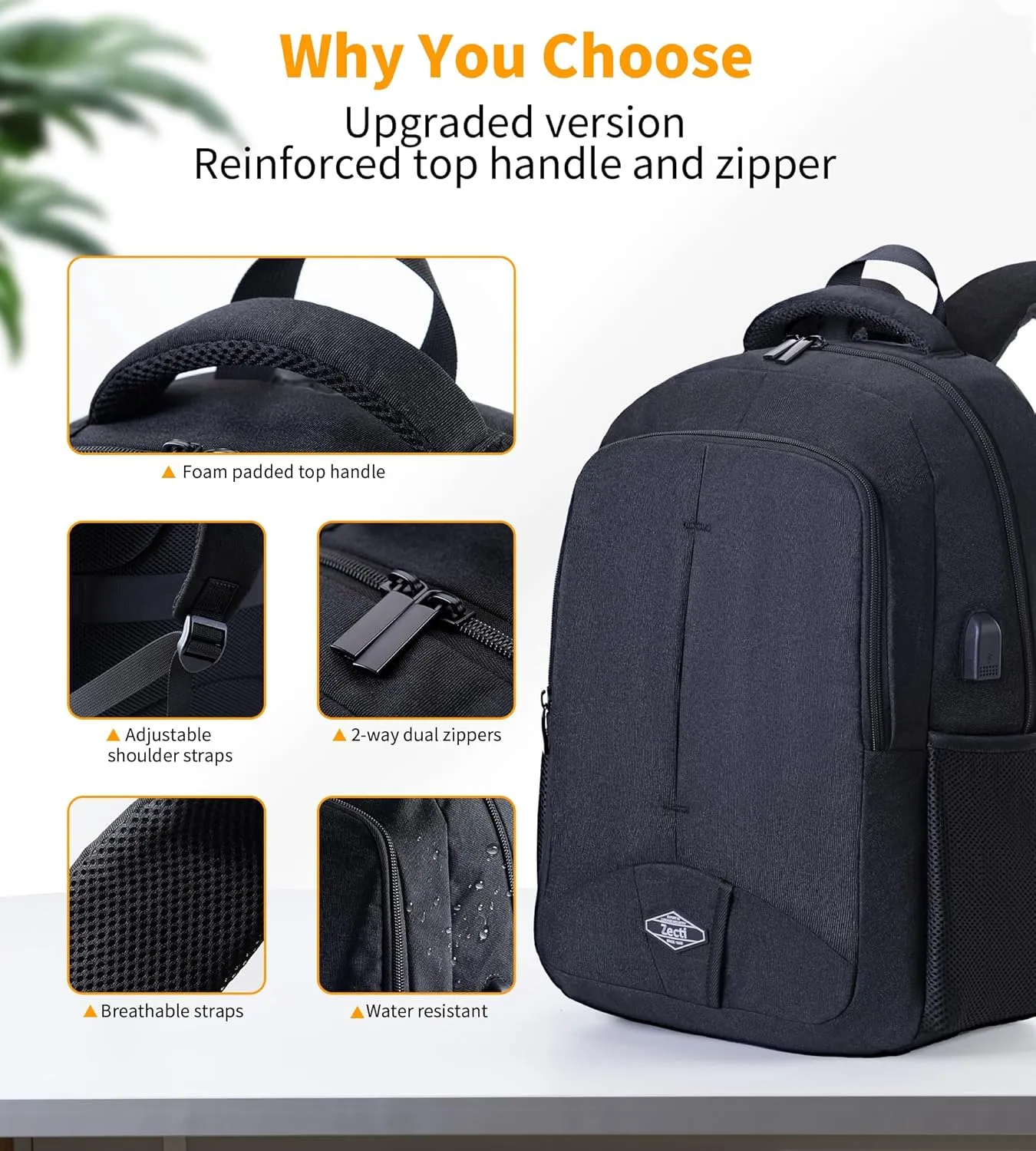 Zecti Travel Laptop Backpack for Men Women Durable Carry on Backpack for Work, Travel, College Backpack with USB Charging Hole, Water Resistant, Large Capacity