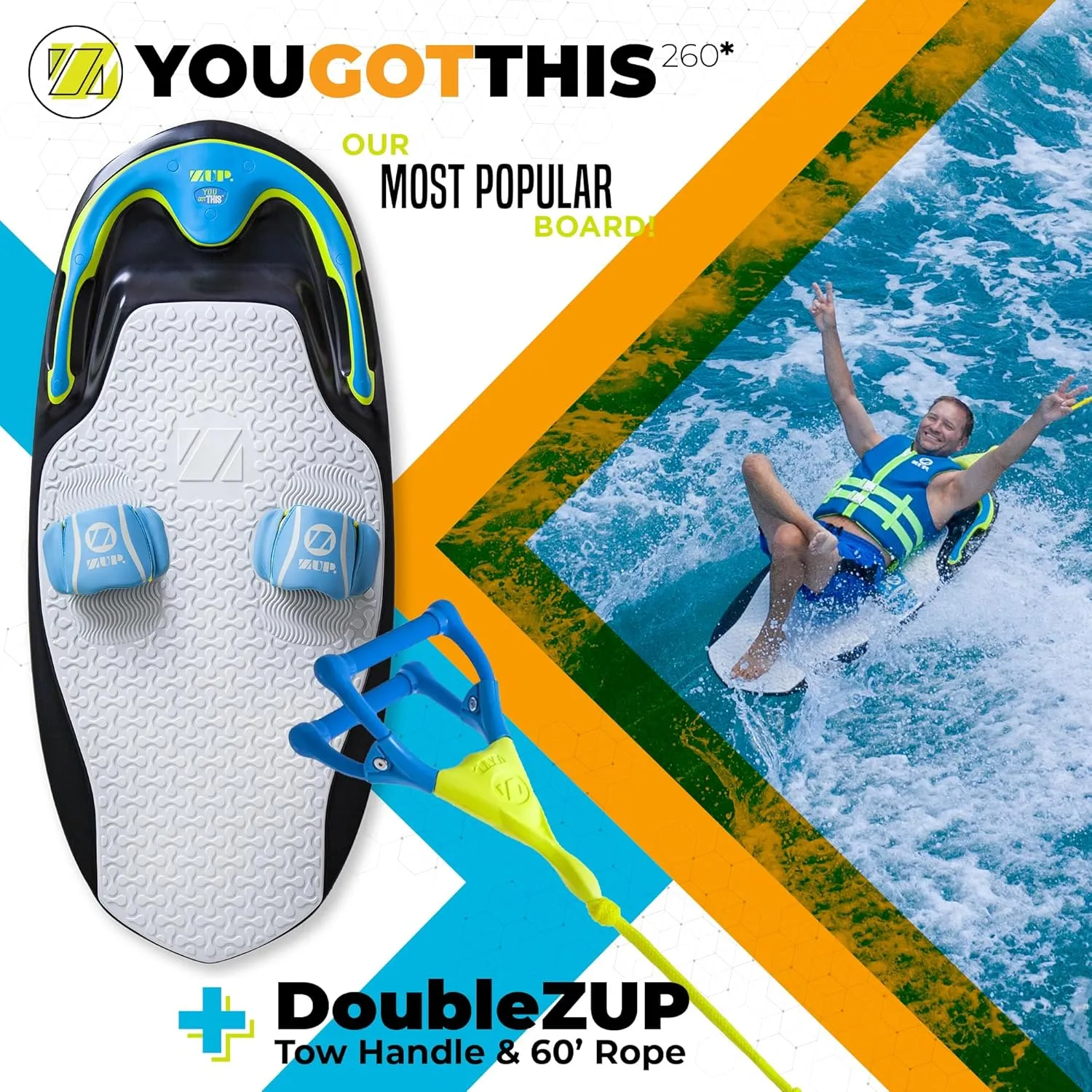 ZUP You Got This 260 Board and Handle Combo with EVA Foam Padding, All-in-One Kneeboard, Wakeboard, Wakeskate, and Wakesurf Board for Kids, Teens, and Adults, 51.7" x 23.8" x 4.6"